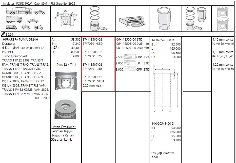 PISTON SEGMAN 89.90  TRANSIT V.1842.4D 120PS 01>05