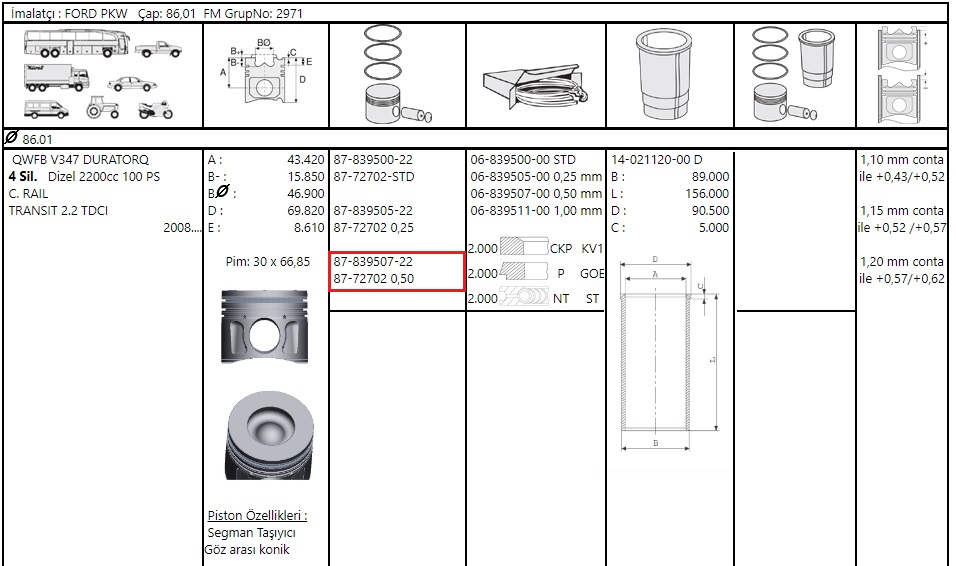 SEGMAN 050 86.00(O.C) V.184 2.0V.347 2.2 BOXER 2.2