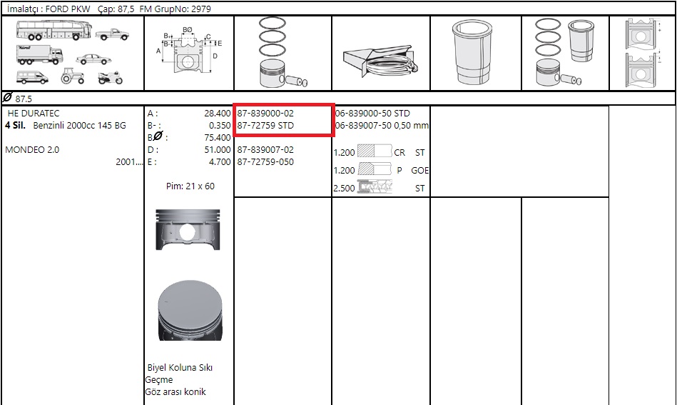 PISTON SEGMAN 87.50mm MONDEO 145PS DURATEC-HE 01>