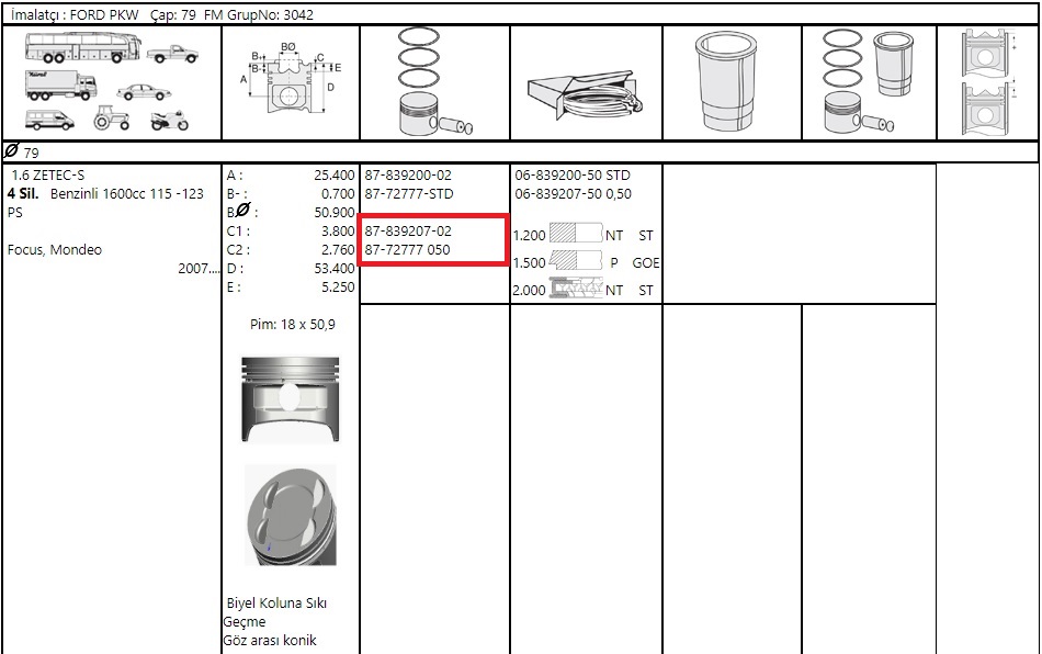 PISTON SEGMAN FOCUS MONDEO 1.6 ZETEC-S 04>