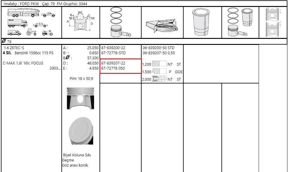 PISTON SEGMAN (79.00)FOCUS 1.6 100PS TIRANKSIZ 06>