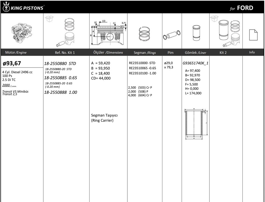 PISTON SEGMAN 93.67 (STD)TRANSIT TURBO2.5100PS 99>