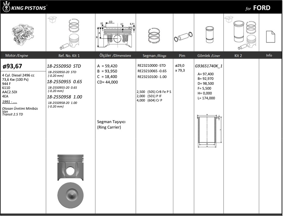 PISTON SEGMAN 93.67 TRANSIT TURBO2.5 TD 97>01